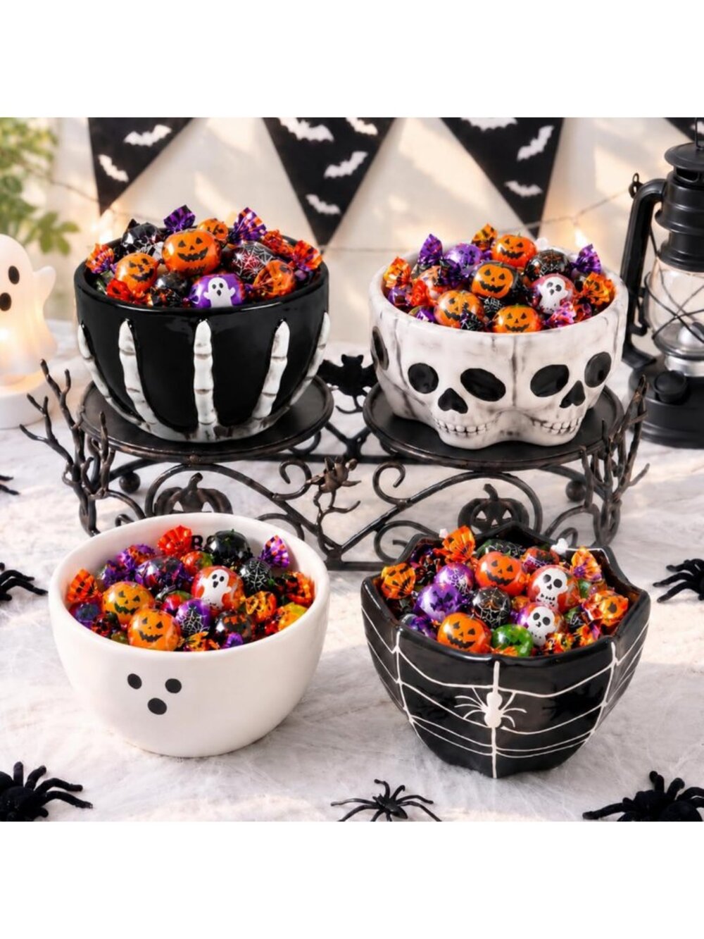 4-Piece Halloween Candy Bowl Set - Skull, Spider & Ghost Ceramic Decor